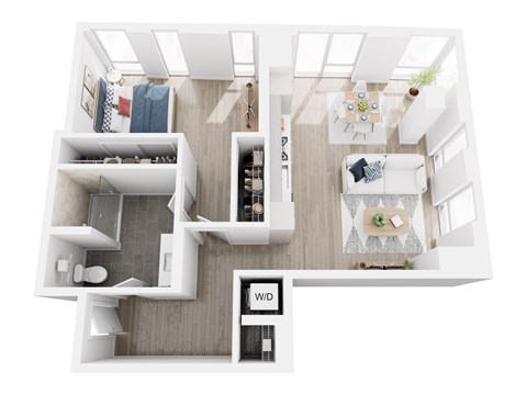 A top down view of a modern apartment layout.